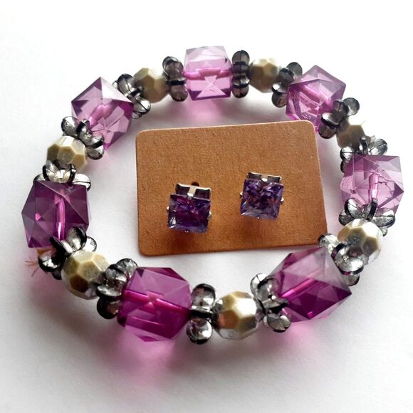 Womens Handcrafted  Purple Crystal Silver Beads Bracelet & Stud Earrings Set - Picture 1 of 10